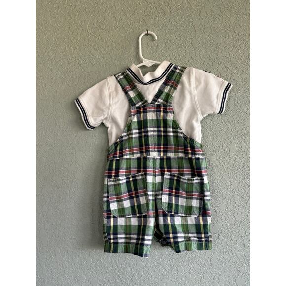 Carters 12 month boy Overall Shorts Shortall Outfit Polo Shirt Vintage Plaid - Picture 7 of 7